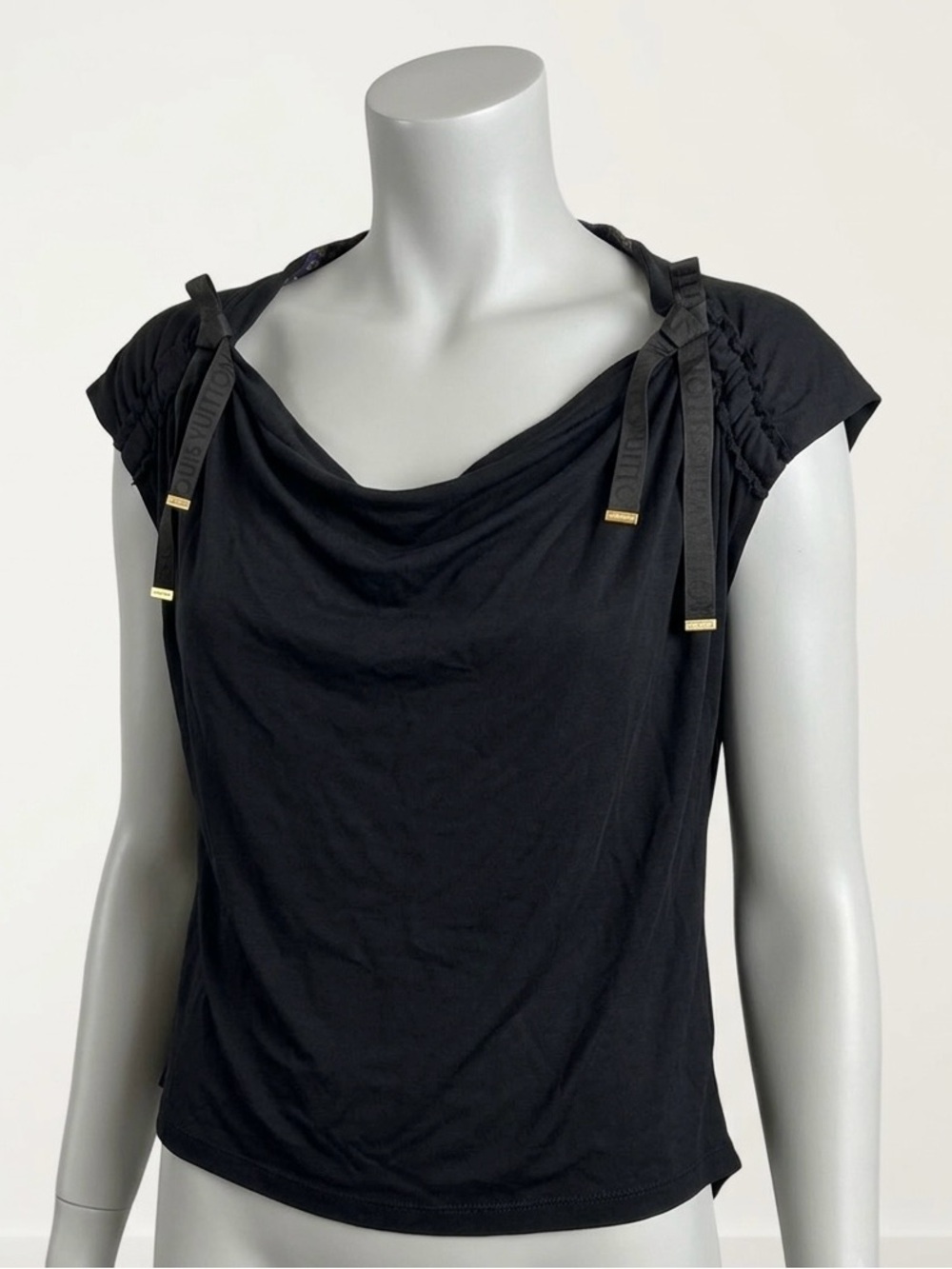 Louis Vuitton Black Cowl Neck Short Sleeve Top with Ribbon Accents